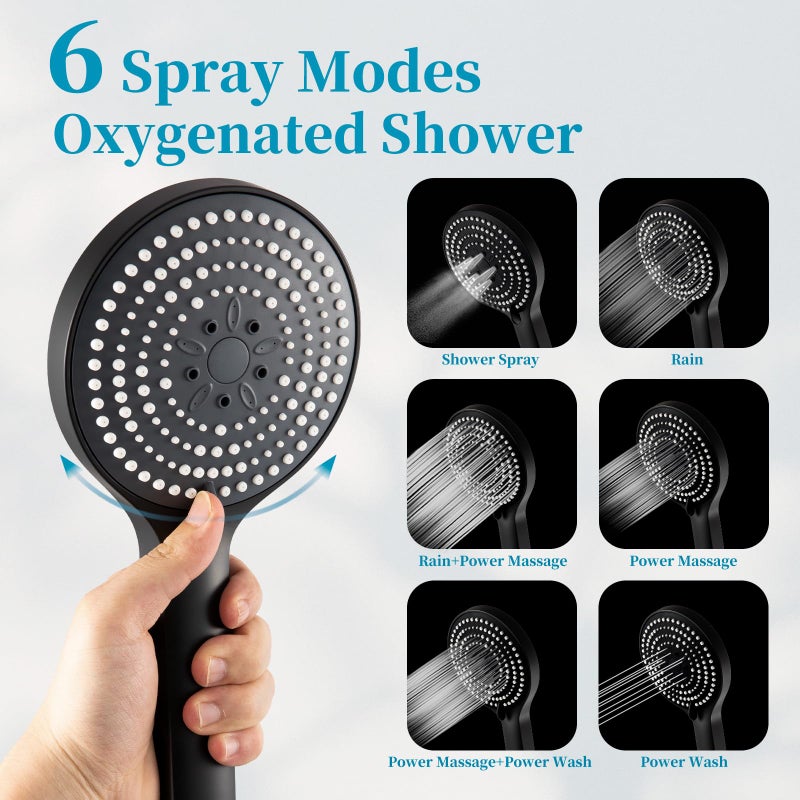 OFFO Matte Black Handheld Shower Head, 6-Mode High Pressure, 5"" Large Face, Chrome Plated Finish, Includes Shower Head, Washers, Water Saving Gasket - Image 3